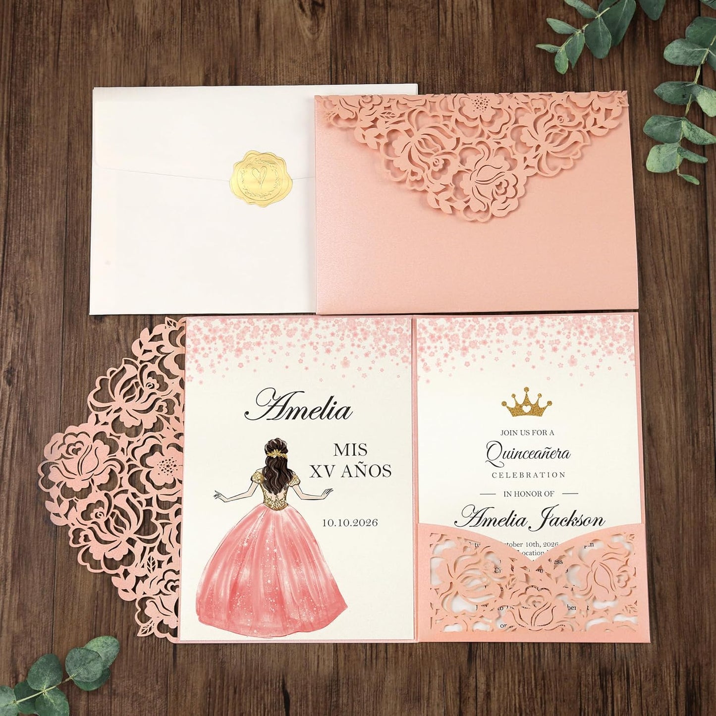 DORIS HOME 50pcs Laser Cut Quinceanera Invitation Pockets with Envelopes Pink, 5.12" x 7.12"Invitation Cards for BirthdayMiss 15, Sweet 16 (No Inserts Included)