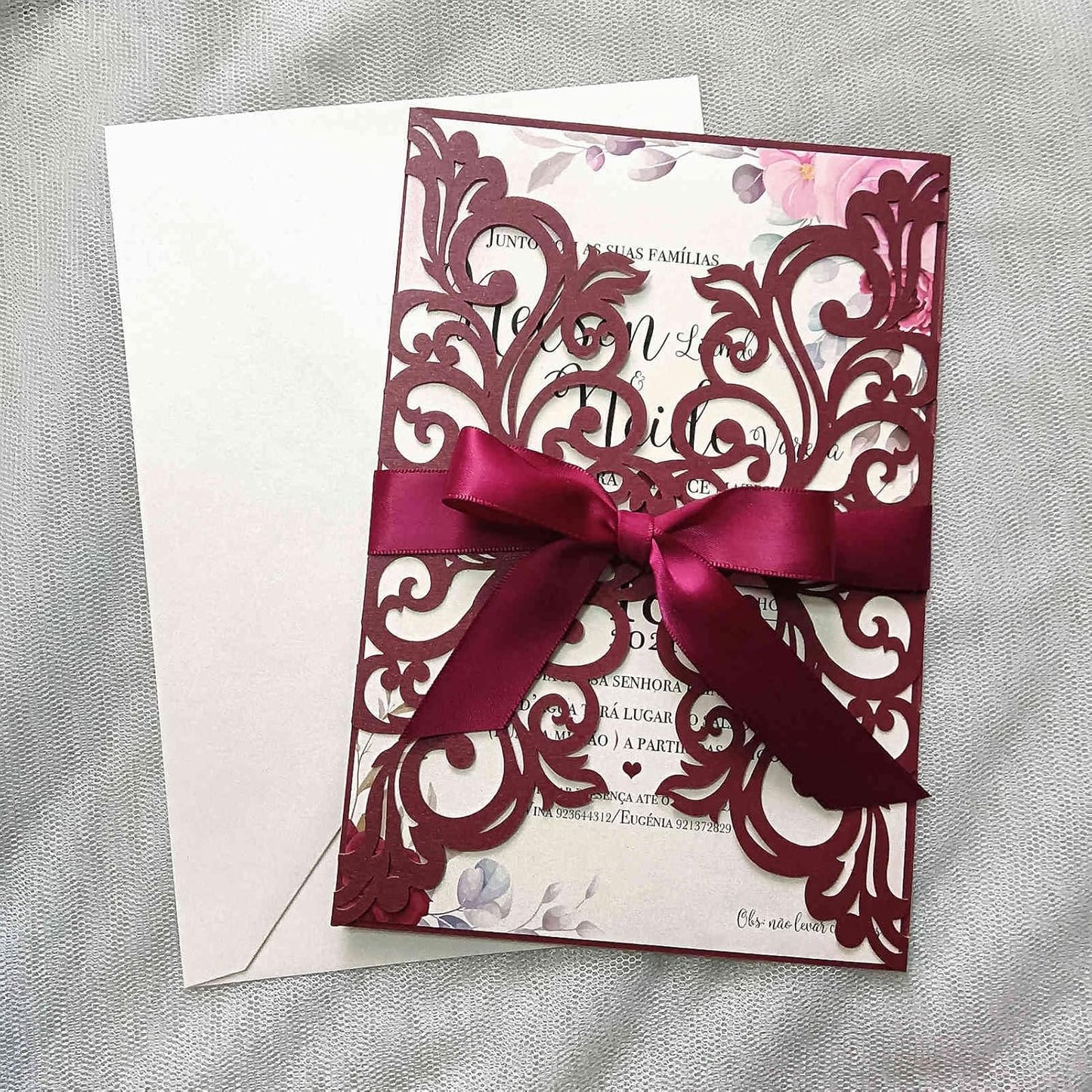25PCS Laser Cut Burgundy Wedding Invitations Cards with Envelopes,Blank Inner Sheets,Ribbons for Wedding Bridal Shower Quinceañera Engagement Birthday Invites, (B001)