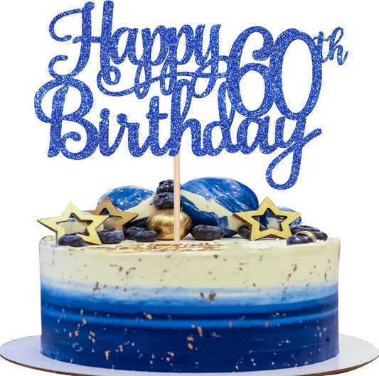 1 PCS Happy 60th Birthday Cake Topper Glitter Cheers to 60 Years Birthday Cake Pick 60 Fabulous Cake Decoration for Happy 60th Birthday Anniversary Party Decorations Supplies Blue