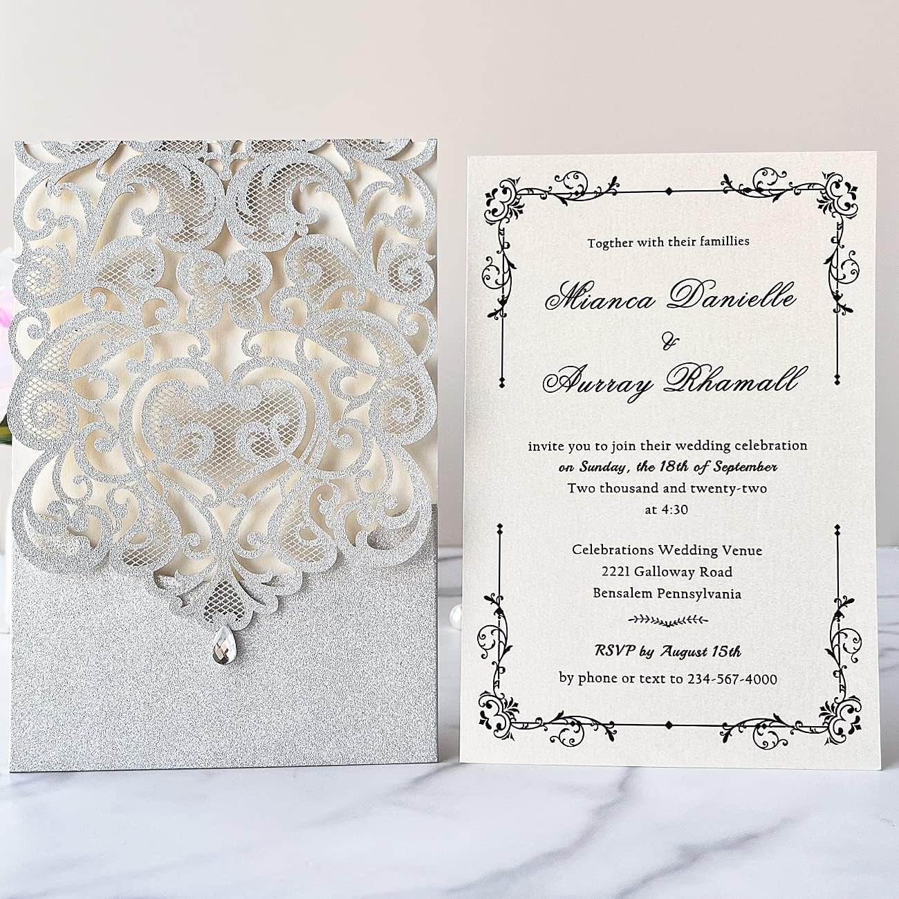 Hosmsua 5.12 x 7.3 Inch 50pcs Silver Laser Cut Lace Flora Wedding Invitation Cards with Rhinestone and Envelopes Customized Printed Invitations for Bridal Shower Quinceañera Wedding Invite