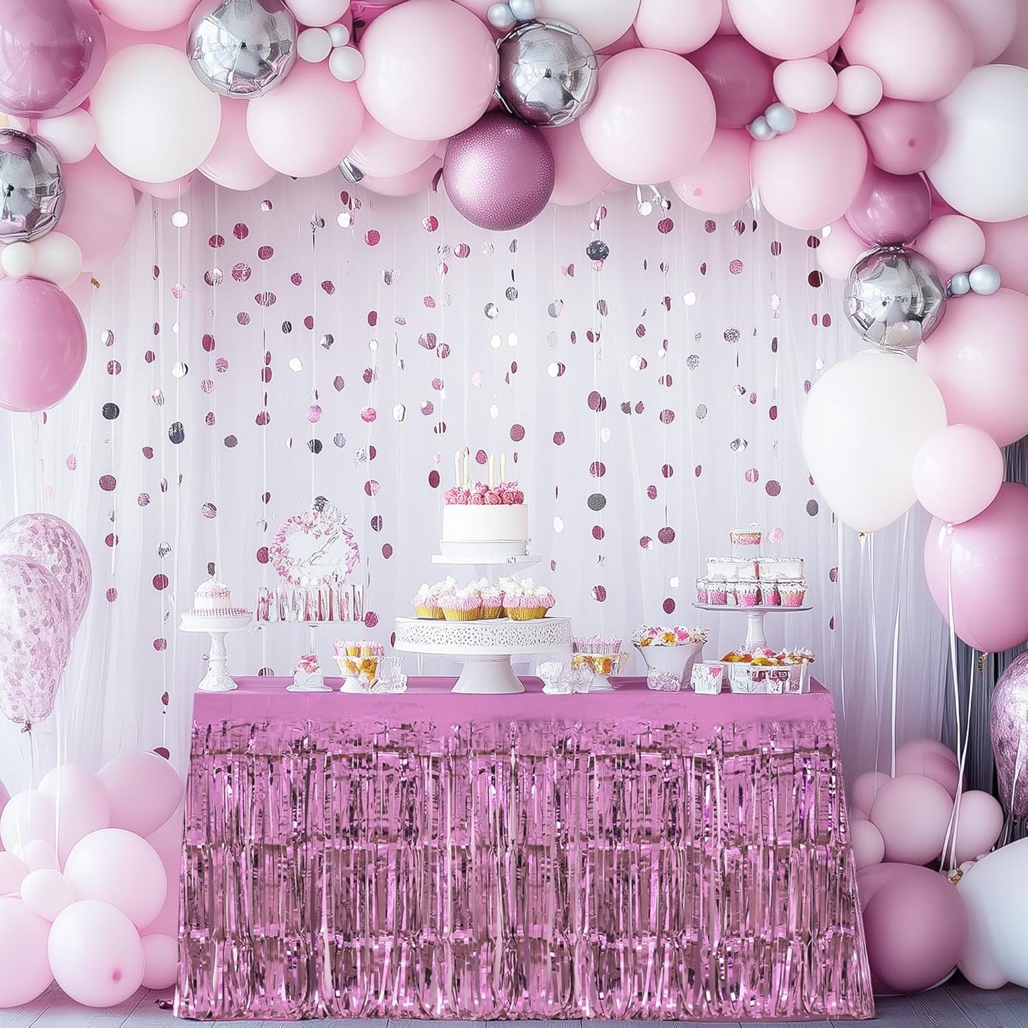 8 Pack Pink Table Skirts, 29x108" Metallic Foil Tinsel Fringe Table Skirts for Rectangle Tables Streamer Curtains Backdrop, Party Decorations for Birthdays Weddings Holidays