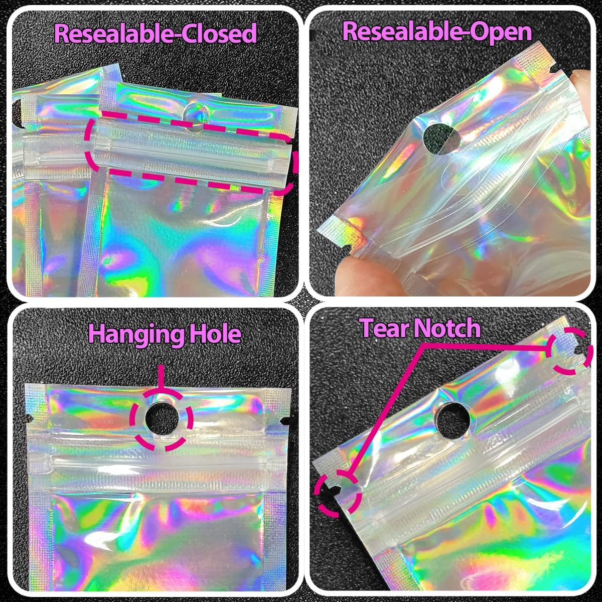 Smell Proof Bags & Resealable Foil Pouch Bag [100 PCS ] Great for Party Favor Food Storage Holographic Color 2.3 x 3 Inch