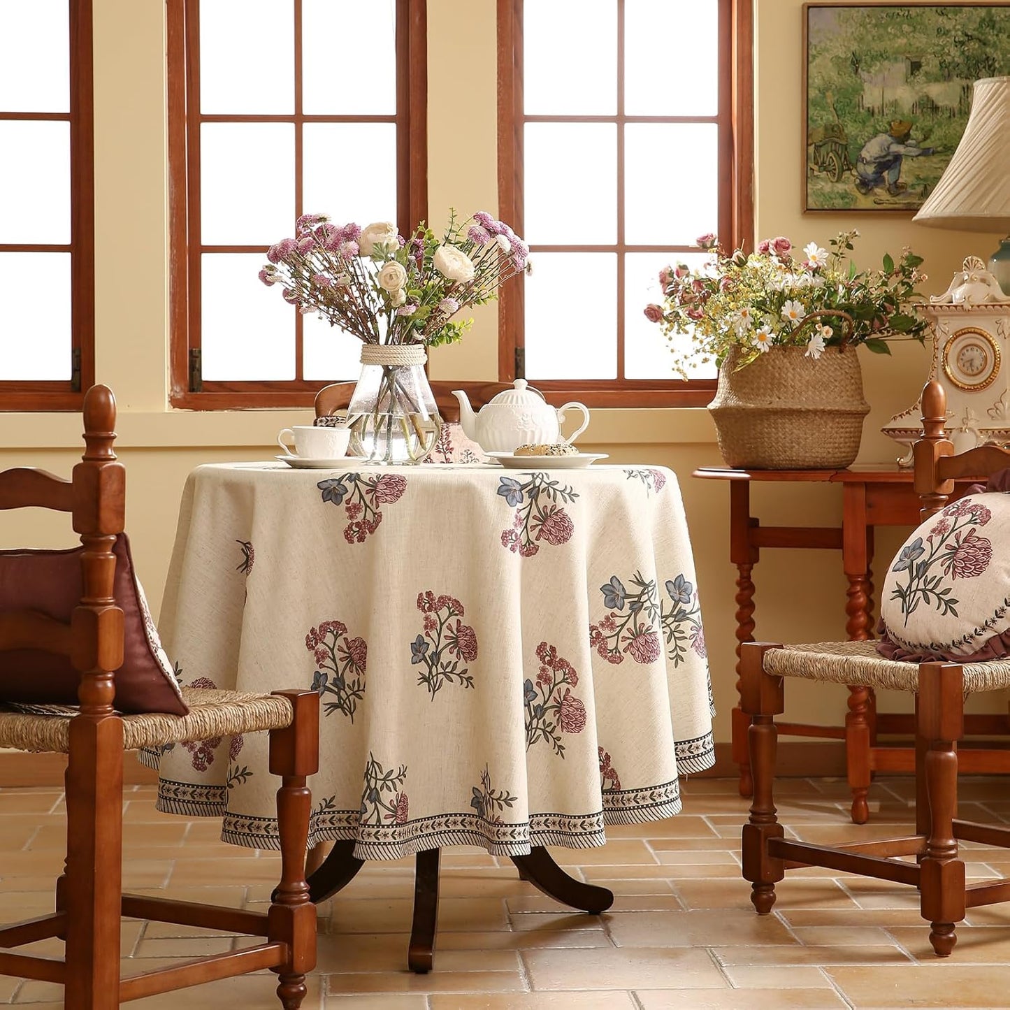 ISAENNE Designer Linen Light Beige Small Round Tablecloth,French Colorful Floral Table Cloth,Stain Resistant Decor Tablecloths for Dining Thanksgiving Christmas Kitchen,Diameter 55"-Helena E