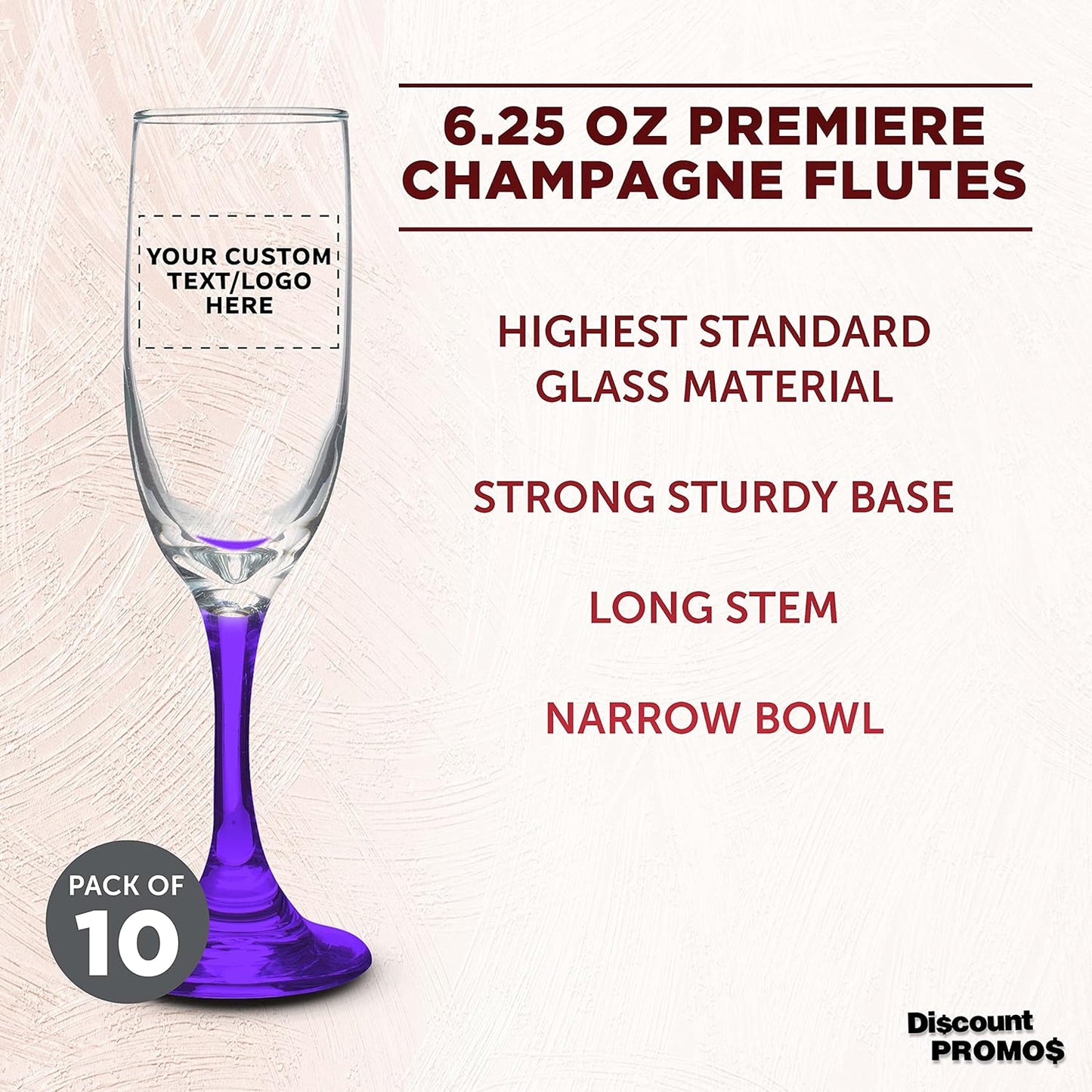 DISCOUNT PROMOS Custom Premiere Champagne Flutes 6.25 oz. Set of 10, Personalized Bulk Pack - Elegant Drinkware for Weddings, Events, & Promotional Gifts - Purple