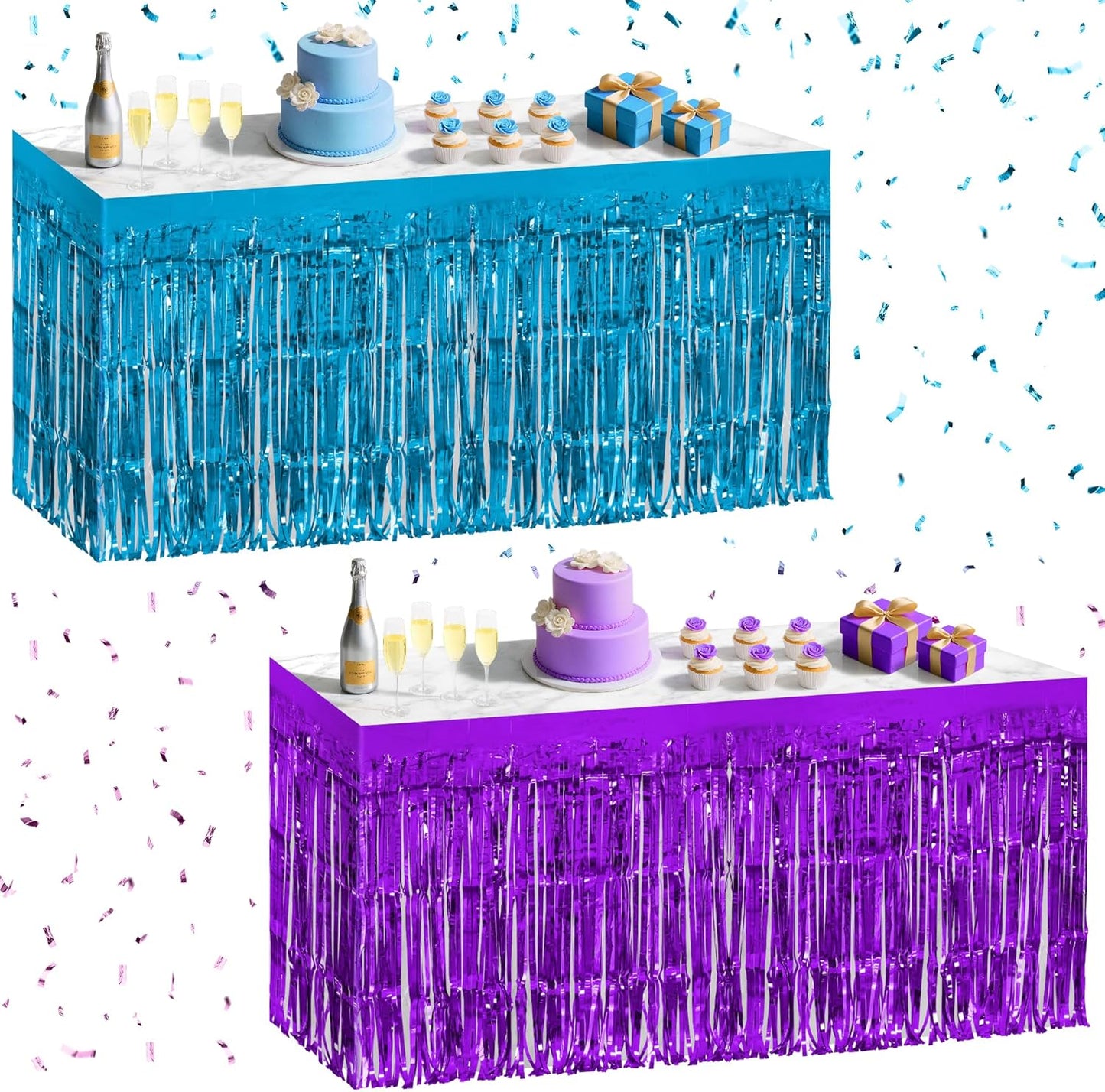 2 Pack Lake Blue Dark Purple Table Skirts, 29x108" Metallic Foil Tinsel Fringe Table Skirt for Rectangle Tables Streamer Curtains Backdrop, Party Decorations for Birthdays, Weddings, Holidays