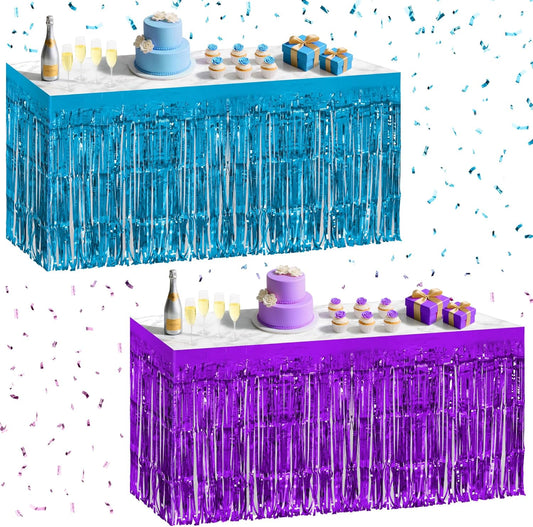 2 Pack Lake Blue Dark Purple Table Skirts, 29x108" Metallic Foil Tinsel Fringe Table Skirt for Rectangle Tables Streamer Curtains Backdrop, Party Decorations for Birthdays, Weddings, Holidays