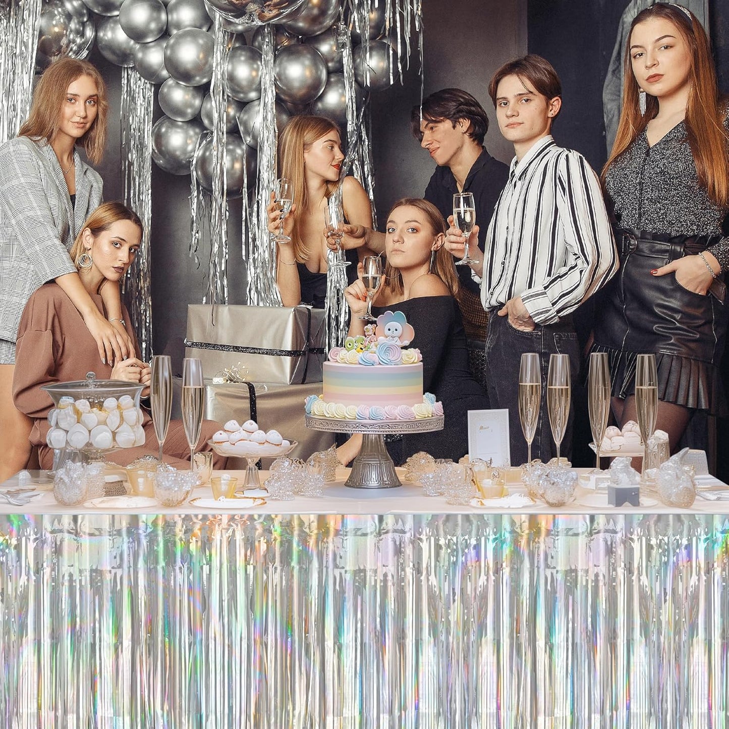 2 Pack Laser Silver Table Skirts, 29x108" Metallic Foil Tinsel Fringe Table Skirts for Rectangle Tables Streamer Curtains Backdrop, Party Decorations for Birthdays Weddings Holidays