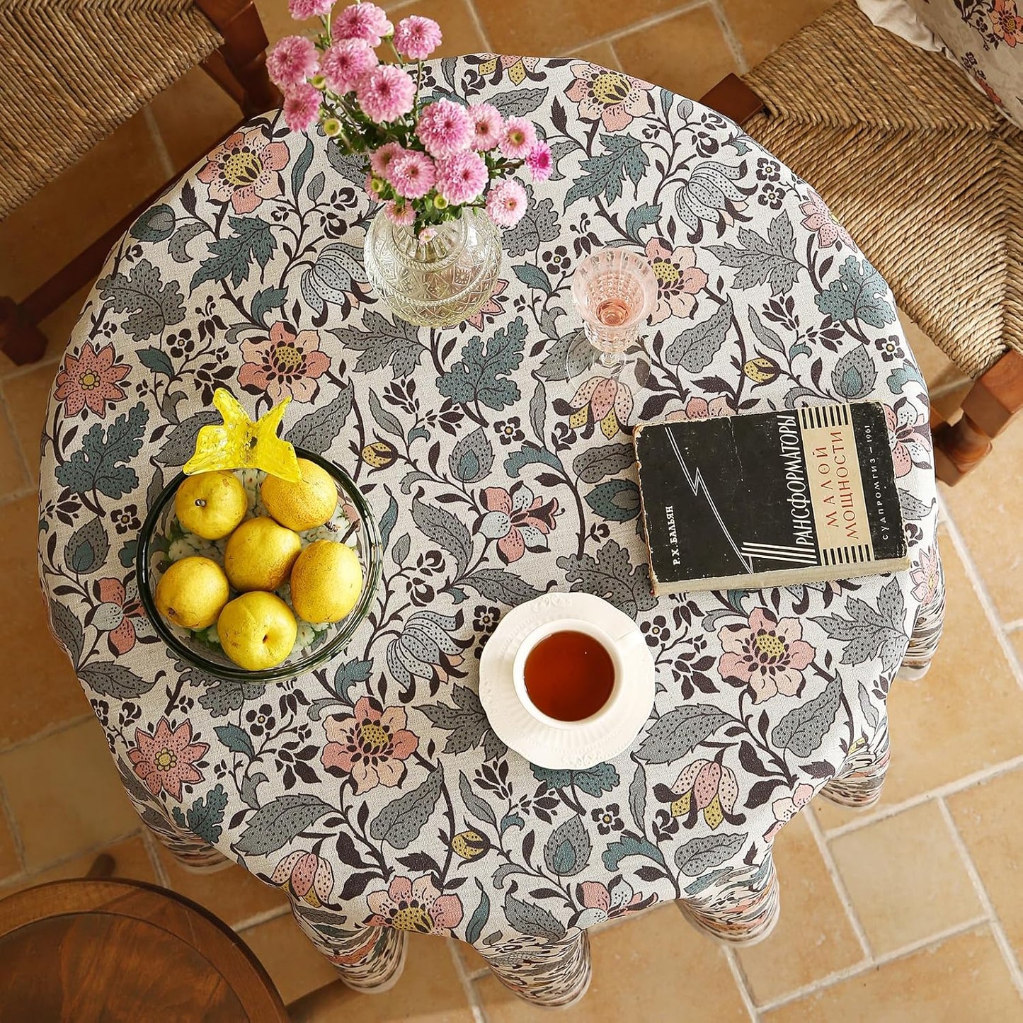 ISAENNE Designer Boho Floral Small Round Tablecloth,Linen Lotus Flower Pattern Colorful Table Cloth,Durable Decor Tablecloths for Dining Thanksgiving Kitchen Christmas,Diameter 55"-Hazel A