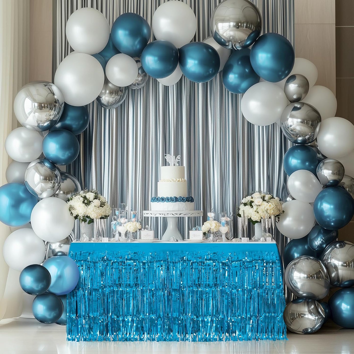 1 Pack Lake Blue Table Skirts, 29x108" Metallic Foil Tinsel Fringe Table Skirts for Rectangle Tables Streamer Curtains Backdrop, Party Decorations for Birthdays Weddings Holidays