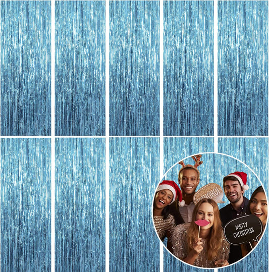 10 Pack Foil Curtain Backdrop Blue Metallic Tinsel Foil Fringe Curtains Photo Booth Props for Birthday Wedding Engagement Baby Shower Bachelorette Christmas Holiday Celebration Party Decorations