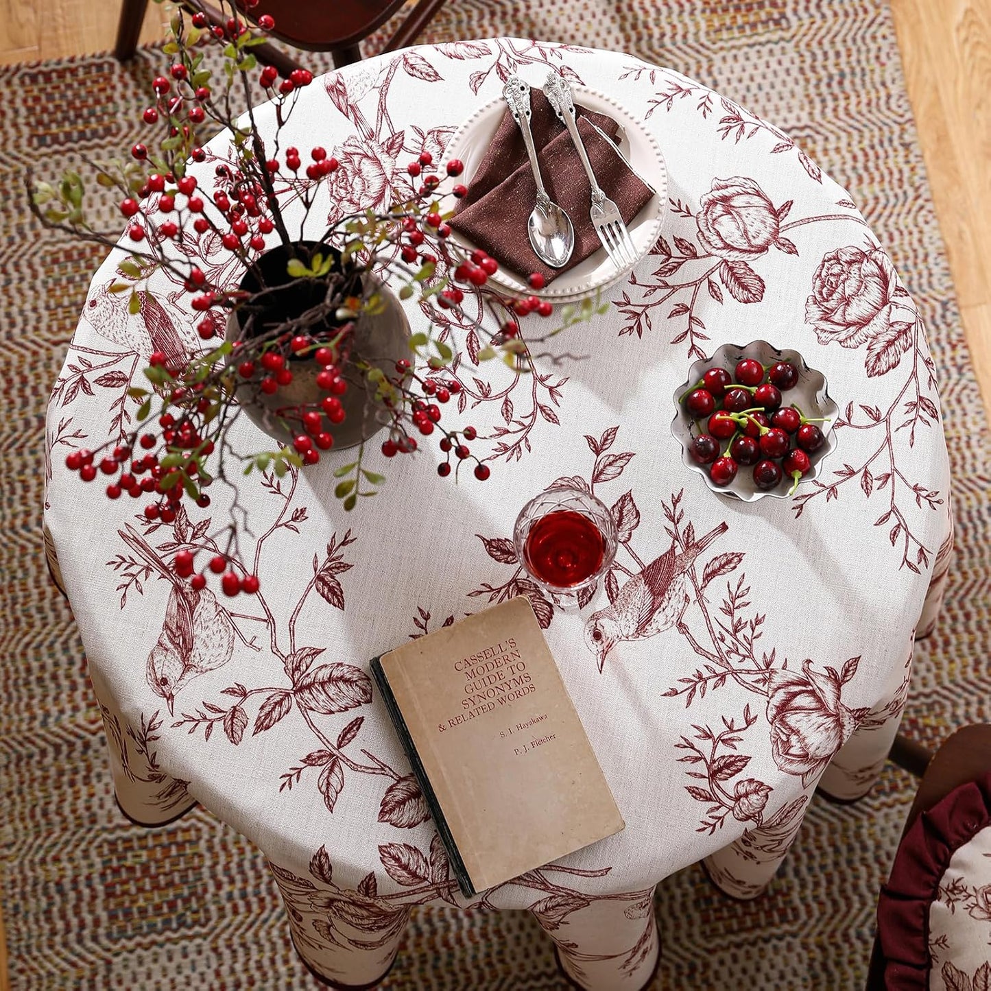 ISAENNE Designer Vintage Linen Round Tablecloth,Red Floral Pattern Linen Stain Resistant Table Cloth,Decor Tablecloths for Dining Thanksgiving Kitchen Christmas,Diameter 67"-Harmony