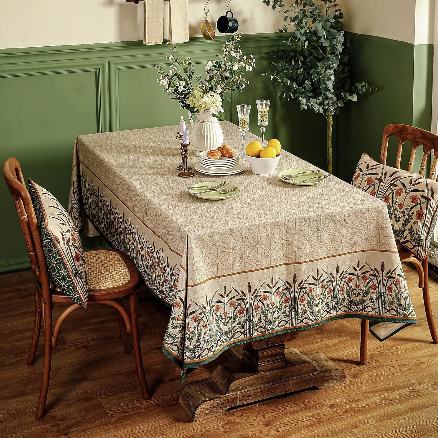 patdrea Designer Vintage Linen Small Table Cloth for Rectangle Table,French Floral Durable Breathable Tablecloth,Dacorative Cover for Kitchen Dining,Christmas,Thanksgiving,55"x71"-Cudillero