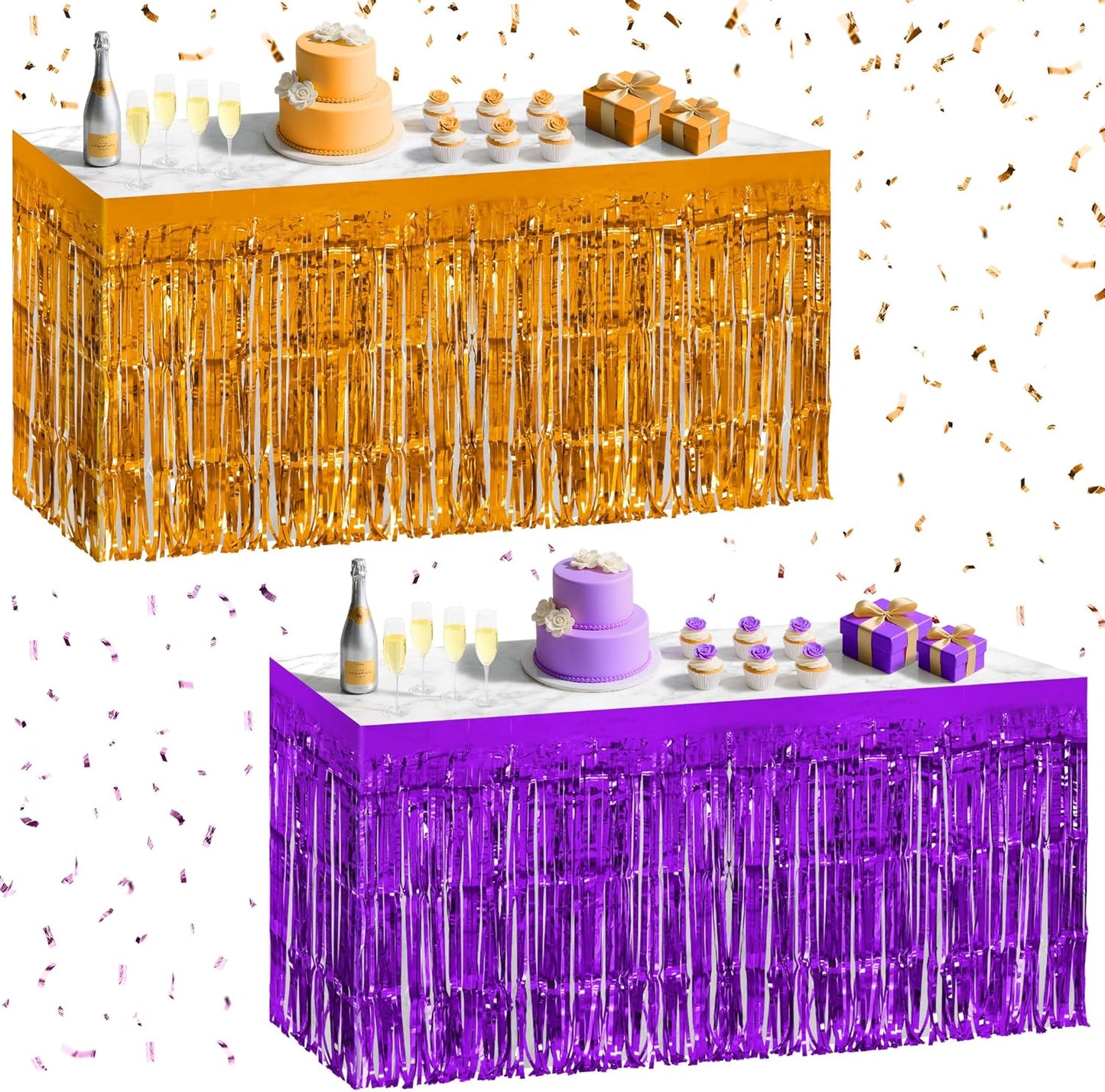 2 Pack Dark Purple Orange Table Skirts, 29x108" Metallic Foil Tinsel Fringe Table Skirt for Rectangle Tables Streamer Curtains Backdrop, Party Decorations for Birthdays, Weddings, Holidays