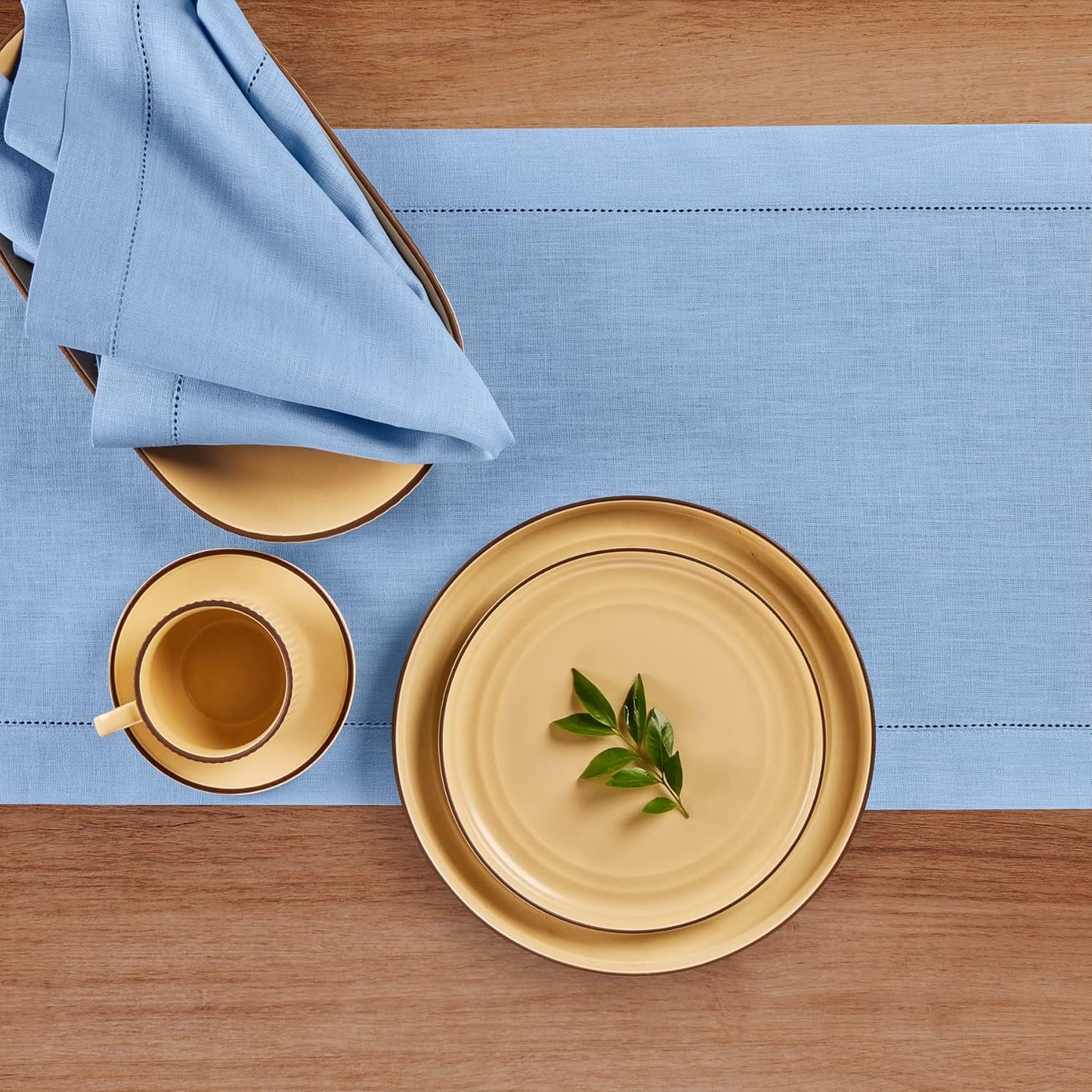 Solino Home Linen Cornflower Blue Hemstitch Table Runner 60 Inches - 100% Pure Linen Small Table Runner 14 x 60 Inch Ideal for Dresser and Coffee Tables - Classic Hemstitch - Christmas, Holiday