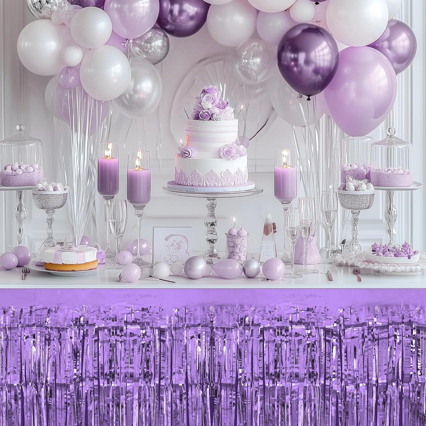 2 Pack Light Purple Table Skirts, 29x108" Metallic Foil Tinsel Fringe Table Skirts for Rectangle Tables Streamer Curtains Backdrop, Party Decorations for Birthdays Weddings Holidays
