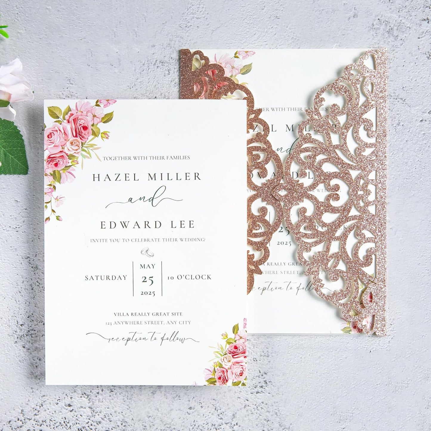 20Pcs Rose Gold Glitter Laser Cut Invitation Cards With Blank Inner Sheets for Wedding Cards Bridal Shower Engagement Quinceanera Invitation (No Envelopes)