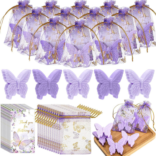 Dunzy 30 Sets Butterfly Theme Baby Shower Favors for Guests Butterfly Soap Favors with Thanks You Cards Gift Bags Gender Reveal Baptism Party Decorations Wedding Bridal Souvenirs (Purple,Light Purple)