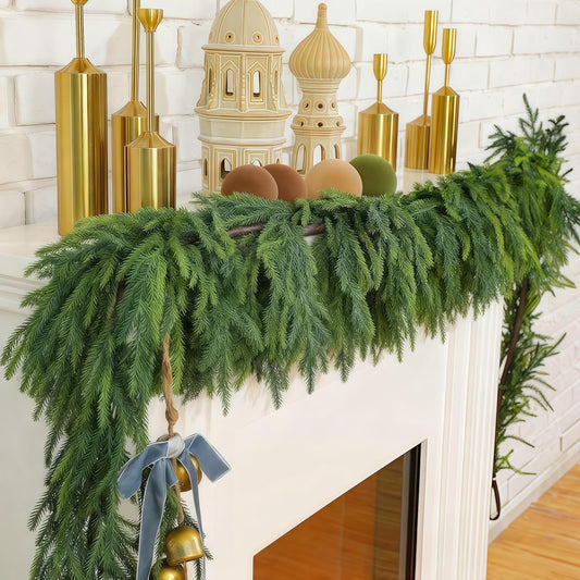 Christmas Decorations Artificial Norfolk Pine Garlands 6FT 4Pcs, Real Touch Winter Pine Garland, Green Artificial Greenery Garland for Table, Mantle, Wall, Indoor, Outdoor Decorations