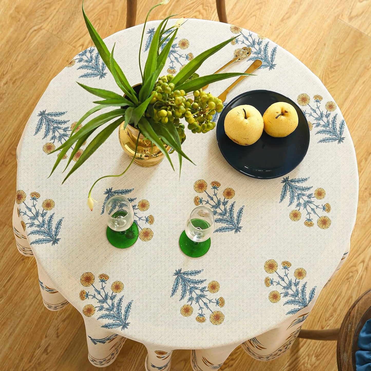 ISAENNE Designer French Pale Yellow Round Tablecloth,Linen Floral Table Cloth,Wrinkle Resistant Decor Tablecloths for Dining Thanksgiving Banquet Kitchen Party,Diameter 67"-Estevan A