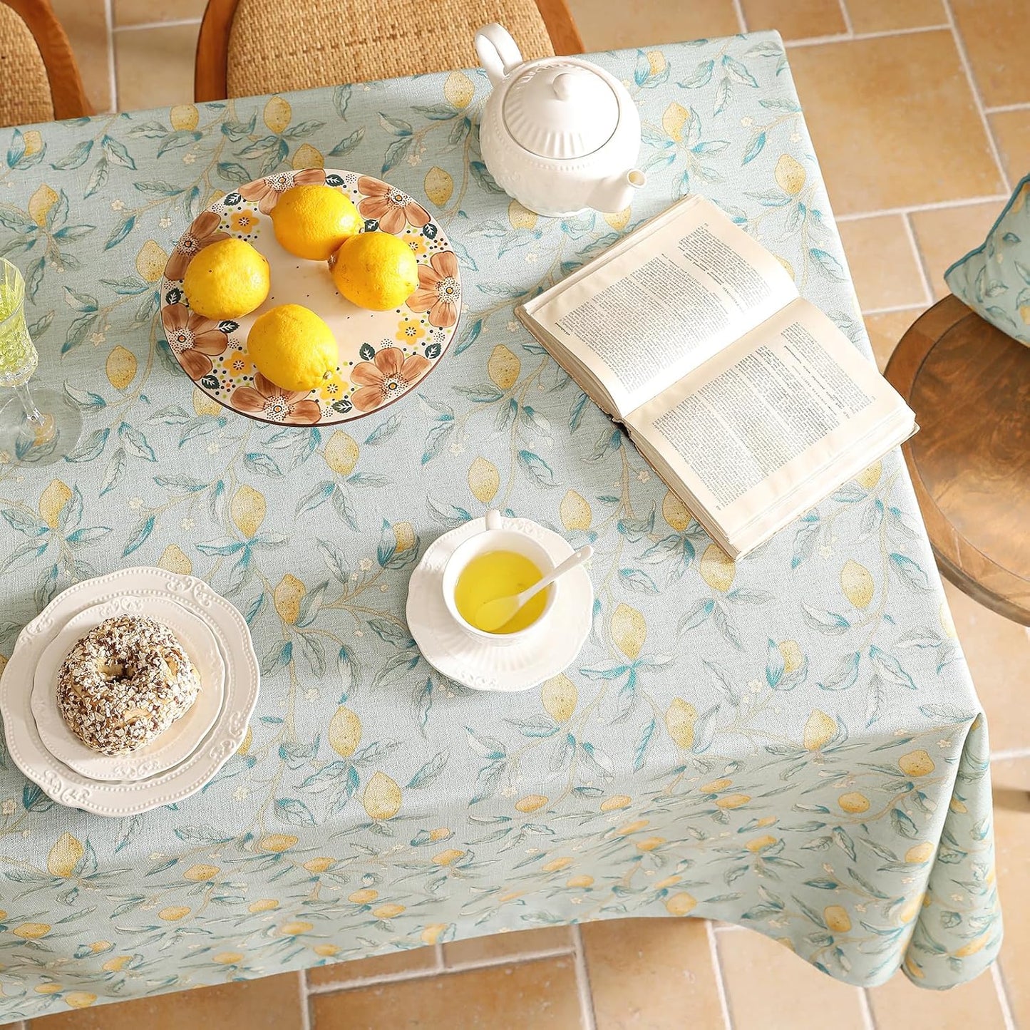 patdrea Designer Linen Long Green Tablecloth for Rectangle Table,Vintage Breathable Yellow Fruits Pattern Table Cloth,Decor Cover for Kitchen Dining,Christmas,Thanksgiving,Party,63"x94"-Ania a