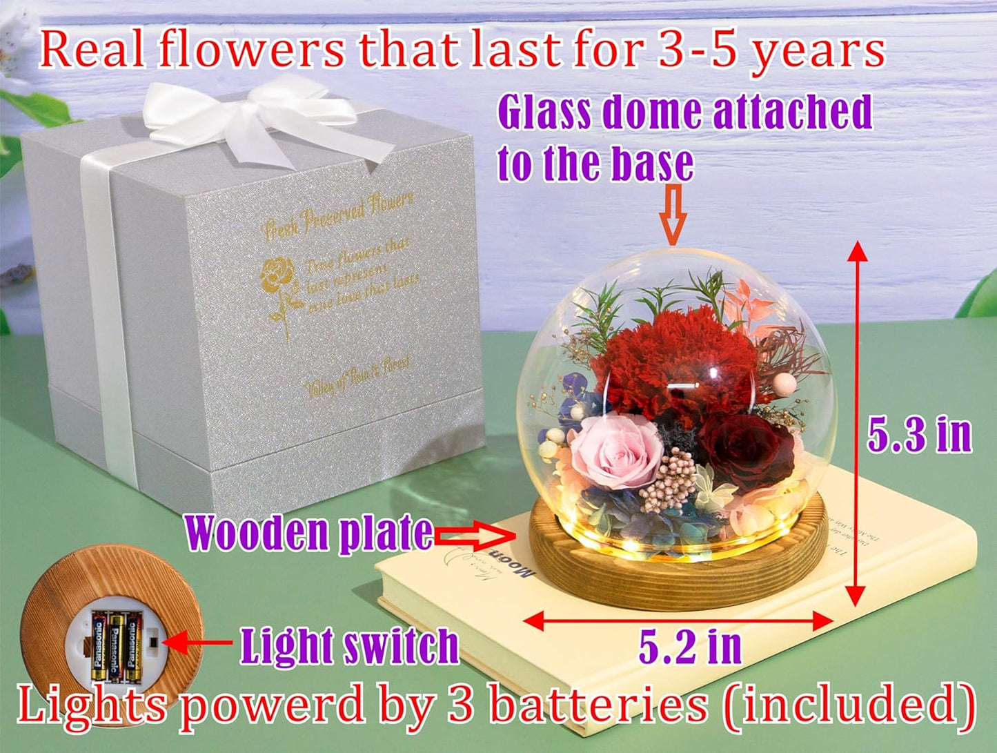 Valley of Rain & Forest Long-Lasting Real Flowers, Unique Floral Gift For you to send Love for All Occasions, for Indoor Decoration (Red Carnation, Pink Rose, Wine-Red Rose)