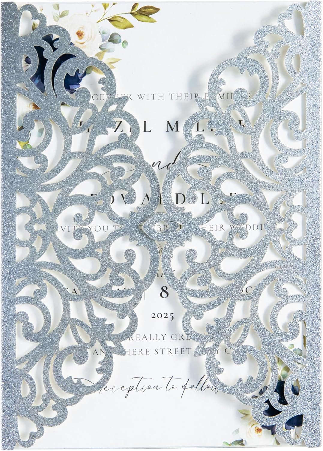 20Pcs Silver Glitter Laser Cut Invitation Cards With Blank Inner Sheets for Wedding Cards Bridal Shower Engagement Quinceanera Invitation (No Envelopes)