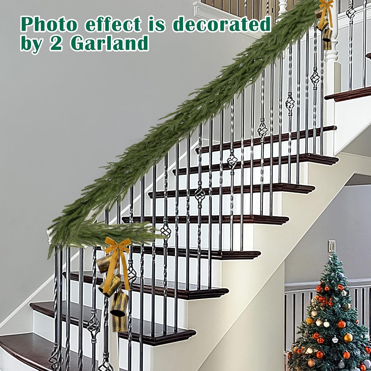 2 Pcs 6FT Christmas Garlands Norfolk Pine Garland - Real Touch Winter Pine Garland, Artificial Norfolk Tree for Indoor Outdoor Holiday Decor, Fireplace Mantel, Door, Porch (Yellow Bell)