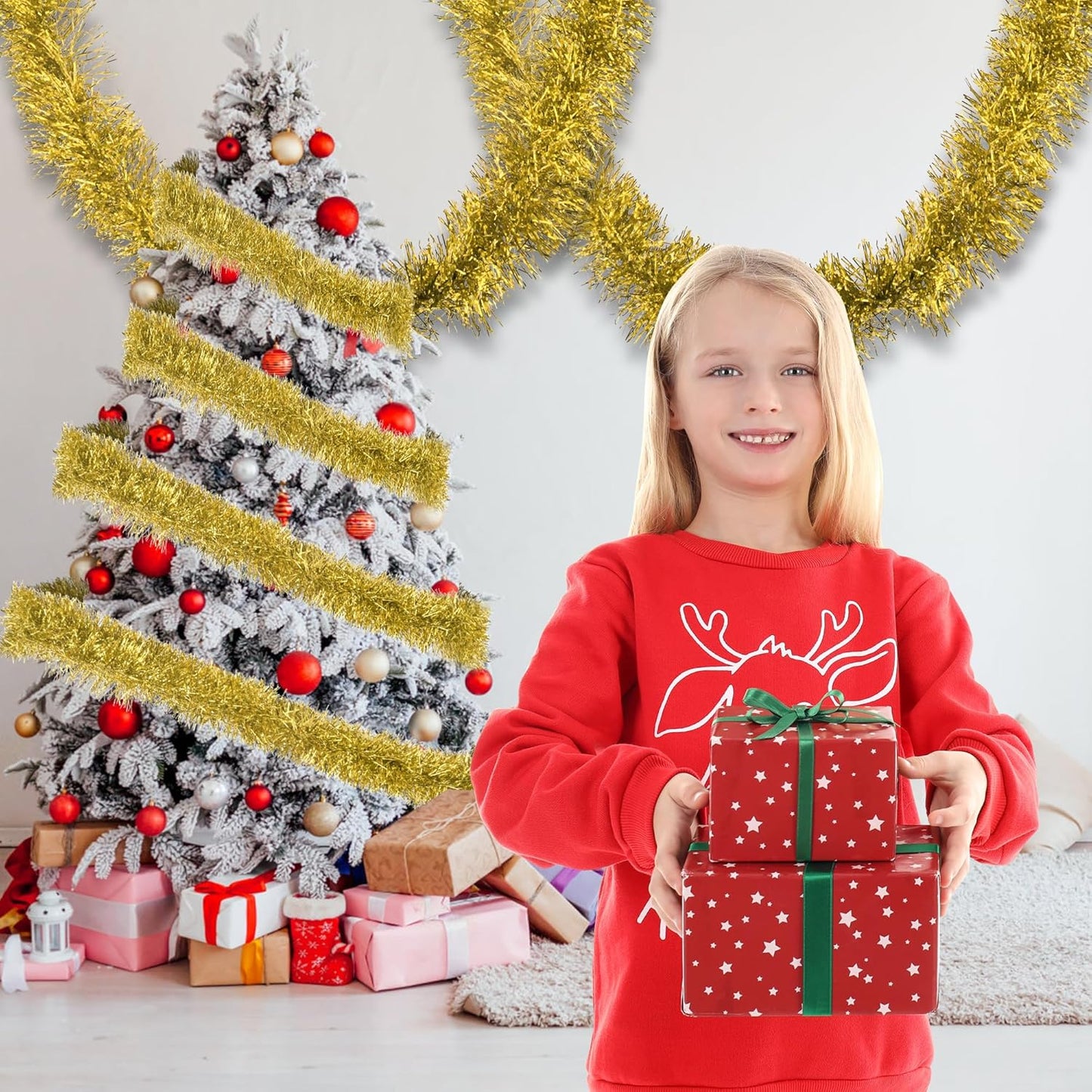 32.8 Ft Gold Christmas Tinsel Garland Metallic Shiny Tassle Banner Wall Hanging Tinsel Streamers Backdrop for Christmas Holiday Birthday Party Supplies Indoor Outdoor Ornaments Home Decor