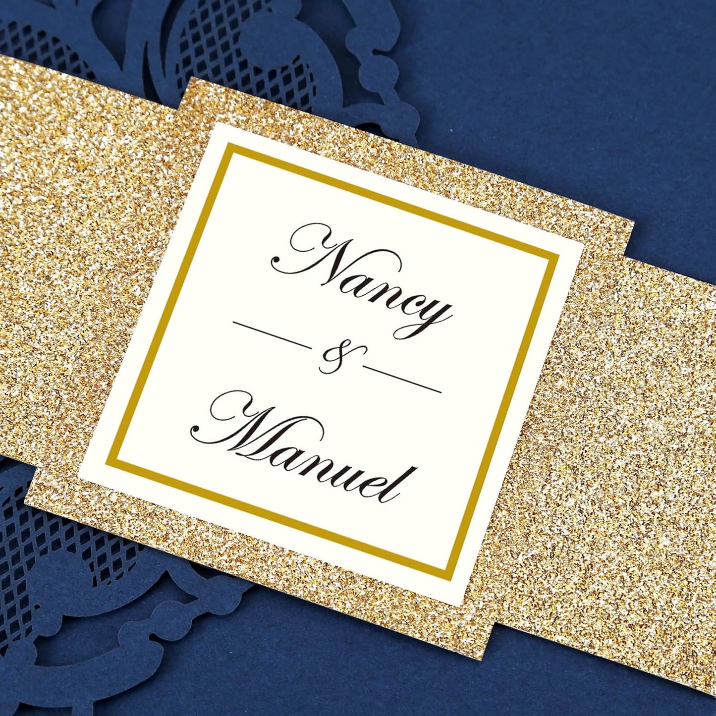 DORIS HOME 50PCS Laser Cut Wedding Invitations with Envelopes and RSVP Cards Personalized Inner With Gold Glitter Belly Band for Wedding Engagement Bridal Shower Party Invite 4.7x7 Inch Navy Blue