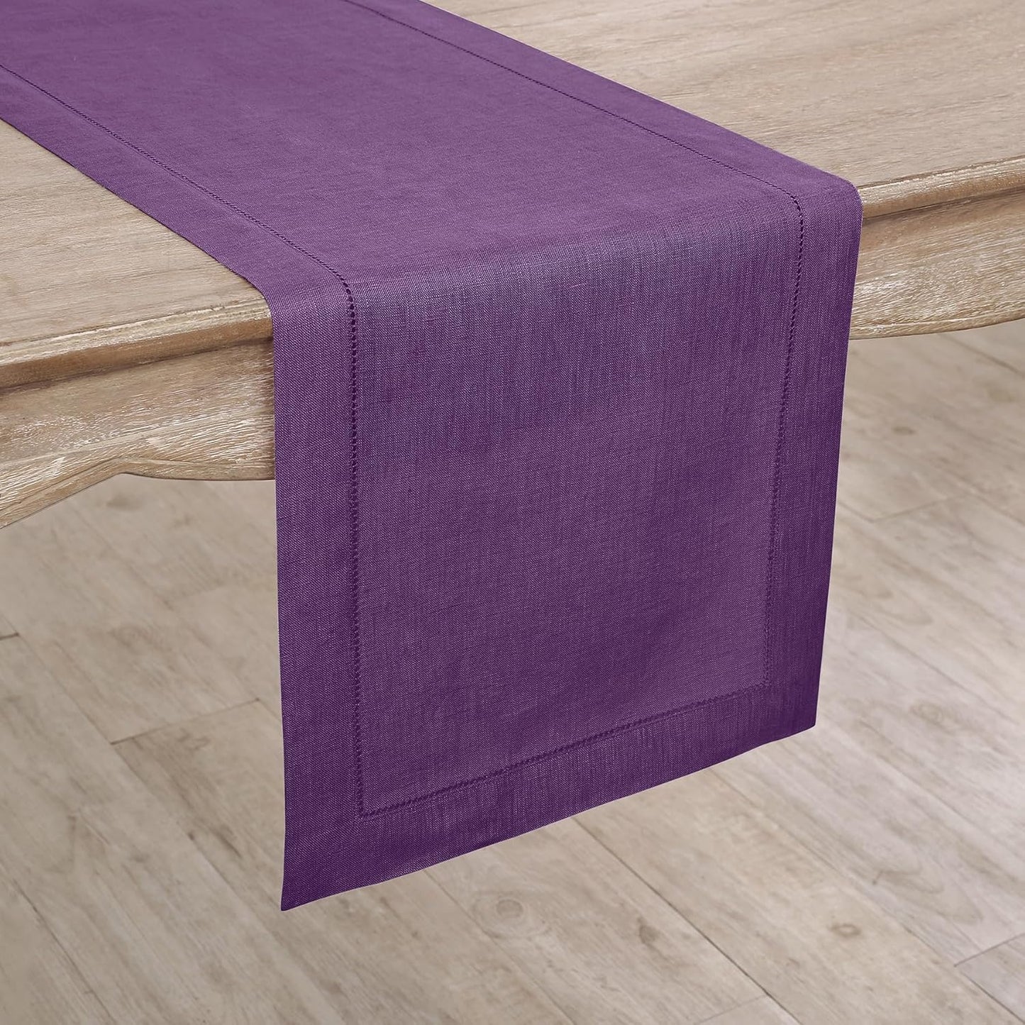 Solino Home Linen Table Runner 120 Inches Long - Classic Hemstitch 100% Pure Linen Purple Dining Table Runner 14 x 120 Inch for Fall, Autumn, Halloween, Thanksgiving, Holiday