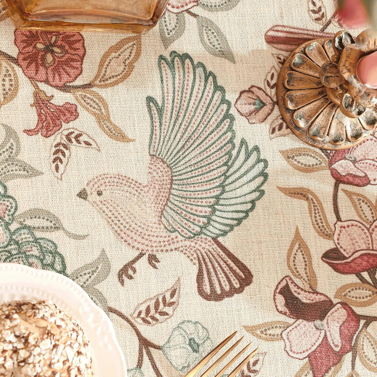 patdrea Designer Vintage Round Tablecloth,Pink Linen Table Cloth with Birds Pattern,Colorful Decoration French Table Cover for Kitchen Dining,Thanksgiving,Party,Christmas,Diameter 55"-Kulom a