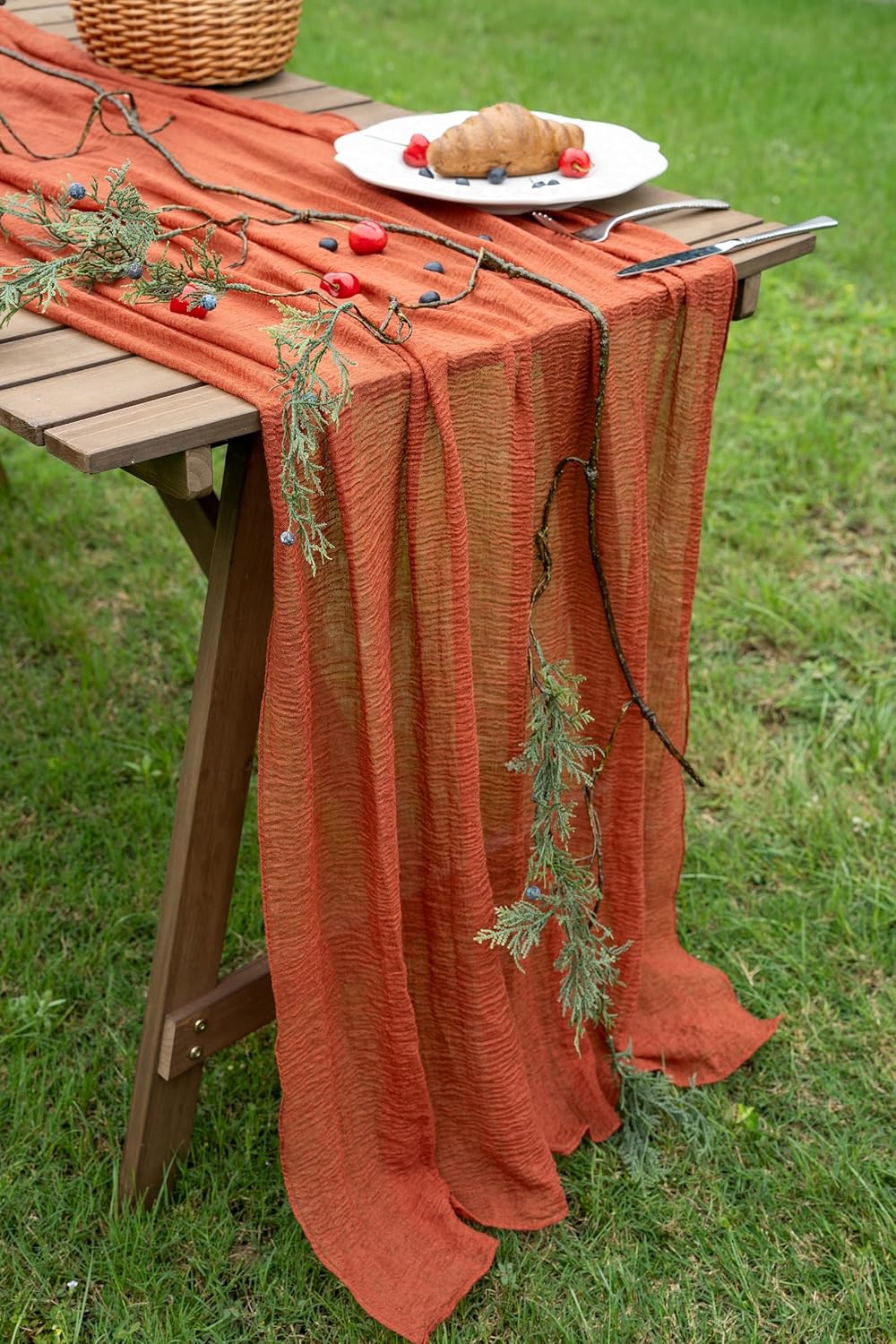 Keketo Fall Thanksgiving Table Runner Terracotta Rust Gauze 120 Inch 10 FT Rustic Burnt Orange Sheer Cheese Cloth for Bridal Shower Friendsgiving Party Centerpiece Decor Fall Decorations for Home
