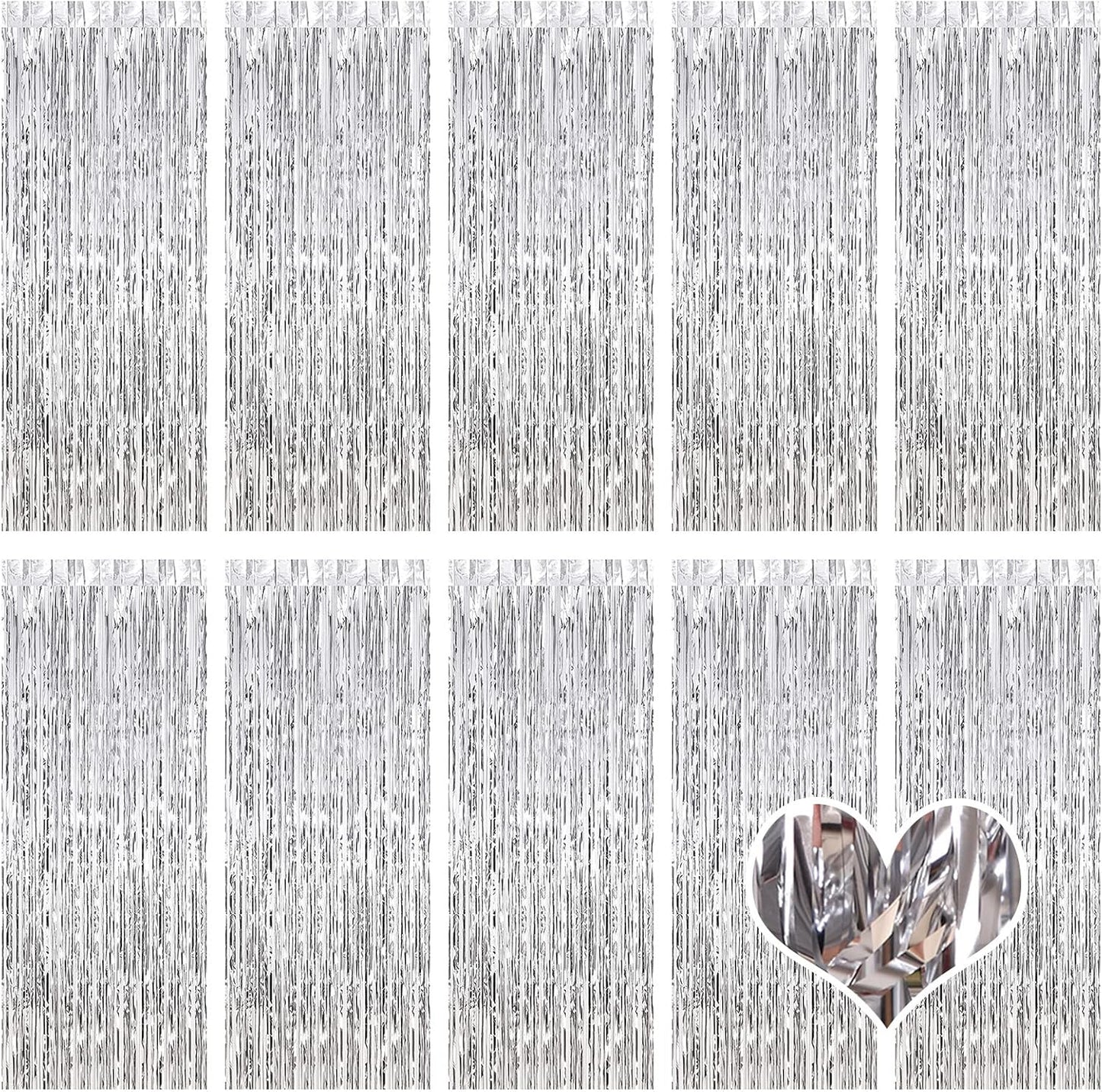 10 Pack Silver Backdrop Curtain 3.2ft x 8.2ft Metallic Tinsel Foil Fringe Curtains Photo Booth Background for Birthday Party Decoration Baby Shower Engagement Wedding Christmas Decoration (Silver)