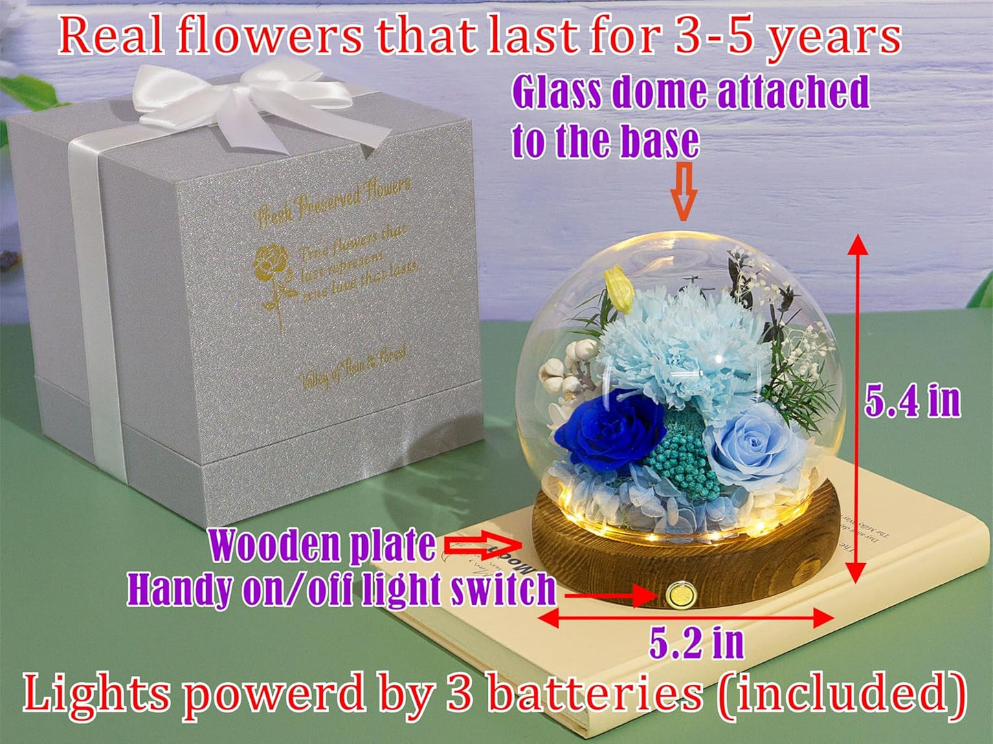 Valley of Rain & Forest Long-Lasting Real Flowers, Unique Floral Gift for You to Send Love for All Occasions, for Indoor Decoration (Light Blue Carnation, Blue Rose, Light Blue Rose)