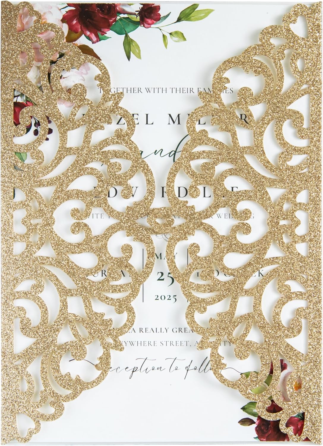 20Pcs Gold Glitter Laser Cut Invitation Cards With Blank Inner Sheets for Wedding Cards Bridal Shower Engagement Quinceanera Invitation (No Envelopes)