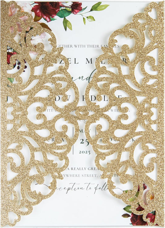20Pcs Gold Glitter Laser Cut Invitation Cards With Blank Inner Sheets for Wedding Cards Bridal Shower Engagement Quinceanera Invitation (No Envelopes)