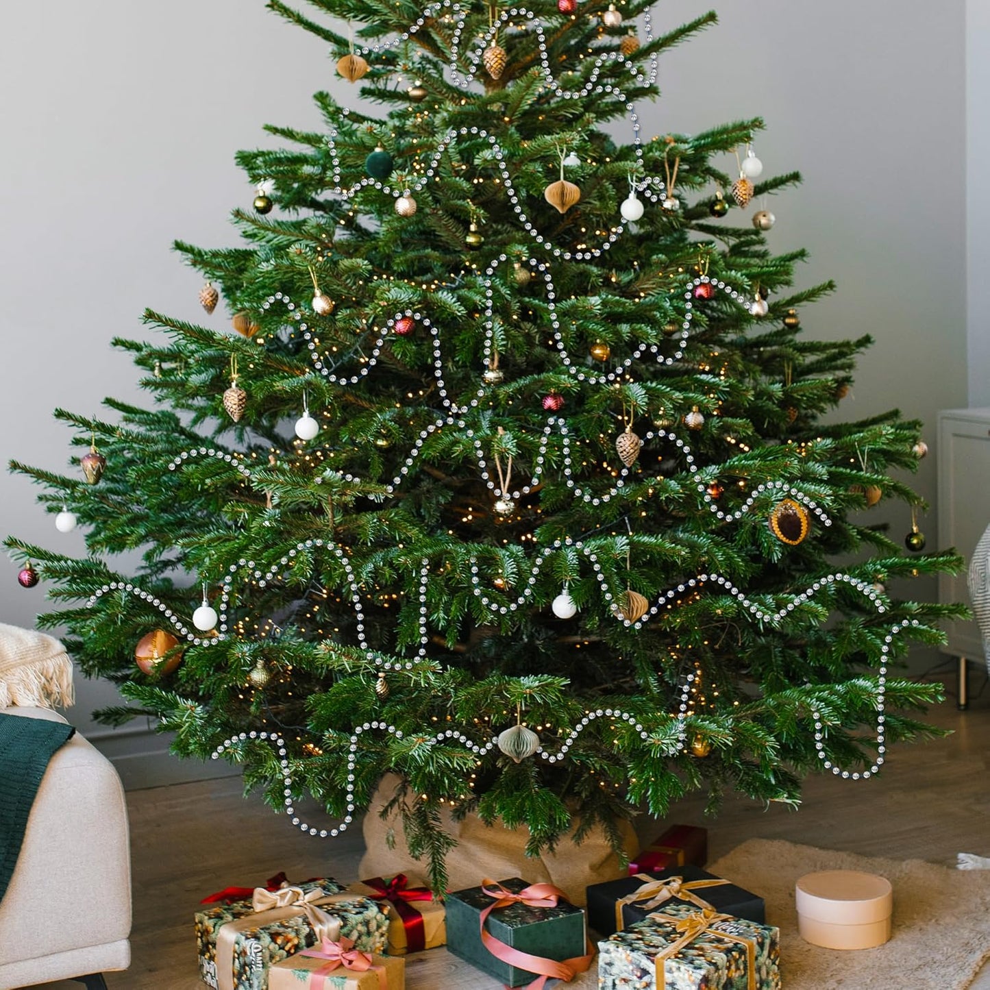 100 Feet Silver Christmas Tree Decor, Christmas Tree Garland Beads, Xmas Beads Chain Decorations Artificial Pearl Garland for DIY Xmas Fireplace Home Party Decor