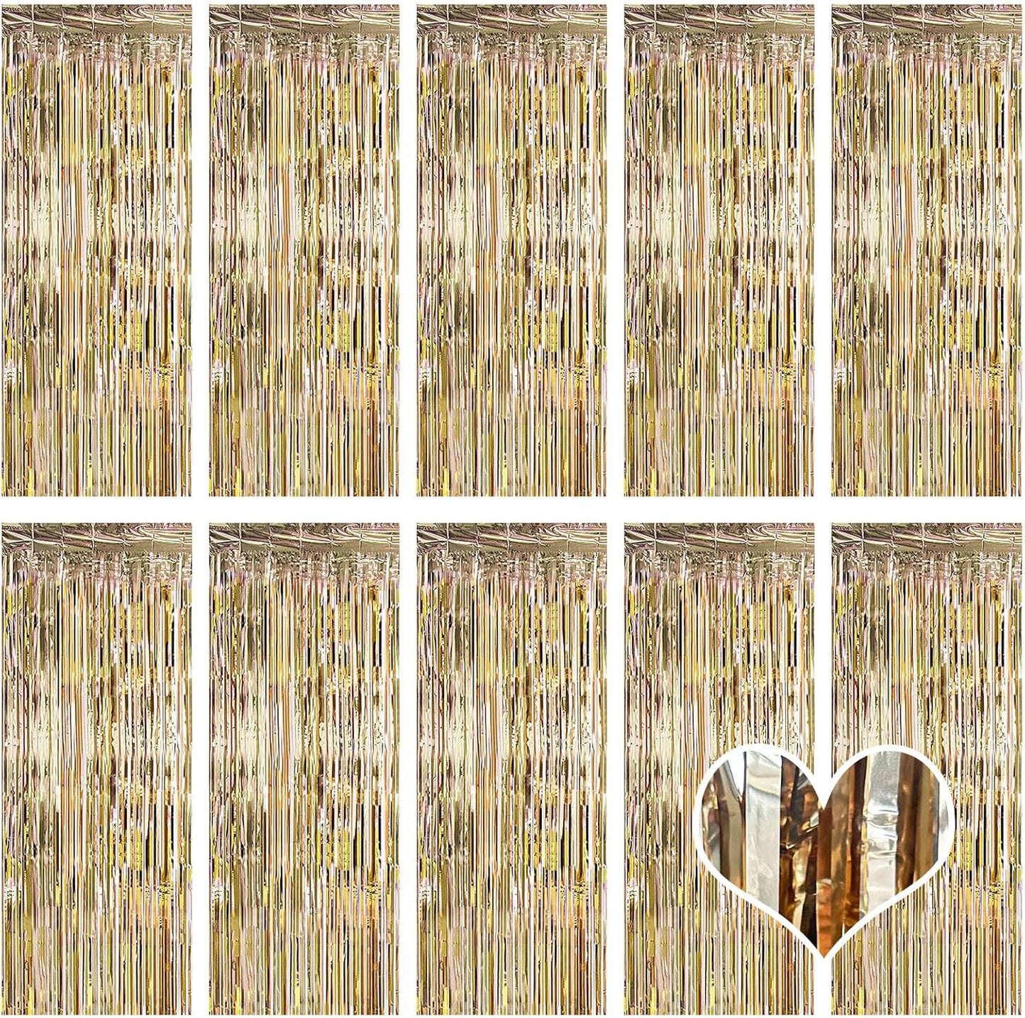 10 Pack Champagne Gold Backdrop Curtain 3.2ft x 8.2ft Metallic Tinsel Foil Fringe Curtains Photo Booth Background for Birthday Party Decoration Engagement Wedding Christmas Decor (Champagne Gold)