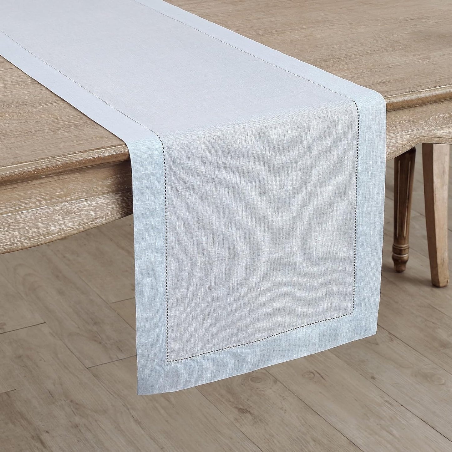 Solino Home Linen Light Blue Table Runner 60 Inches - Classic Hemstitch, 100% Pure Linen Coffee Table Runner 14 x 60 Inch Ideal for Dresser Tables