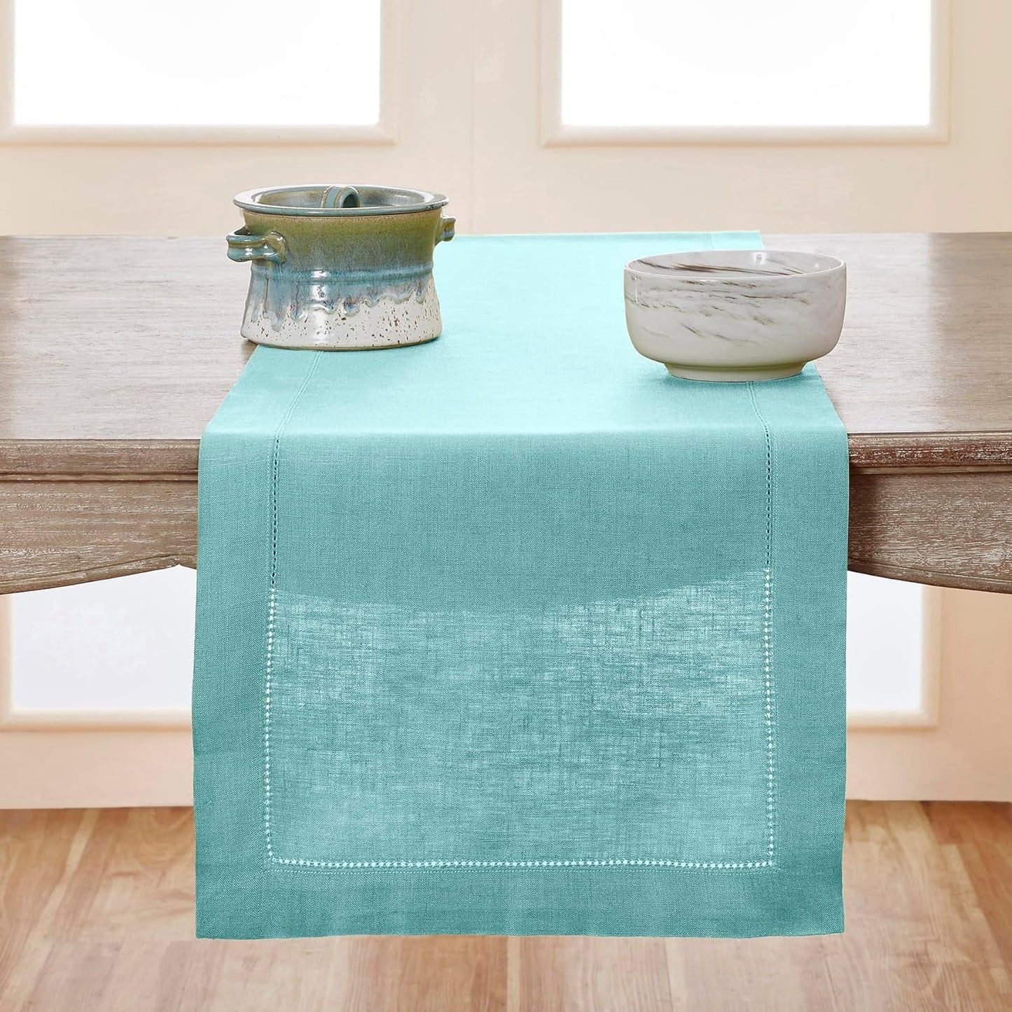 Solino Home Linen Aqua Blue Table Runner 36 Inches - Classic Hemstitch, 100% Pure Linen Coffee Table Runner 14 x 36 Inch Ideal for Dresser Tables