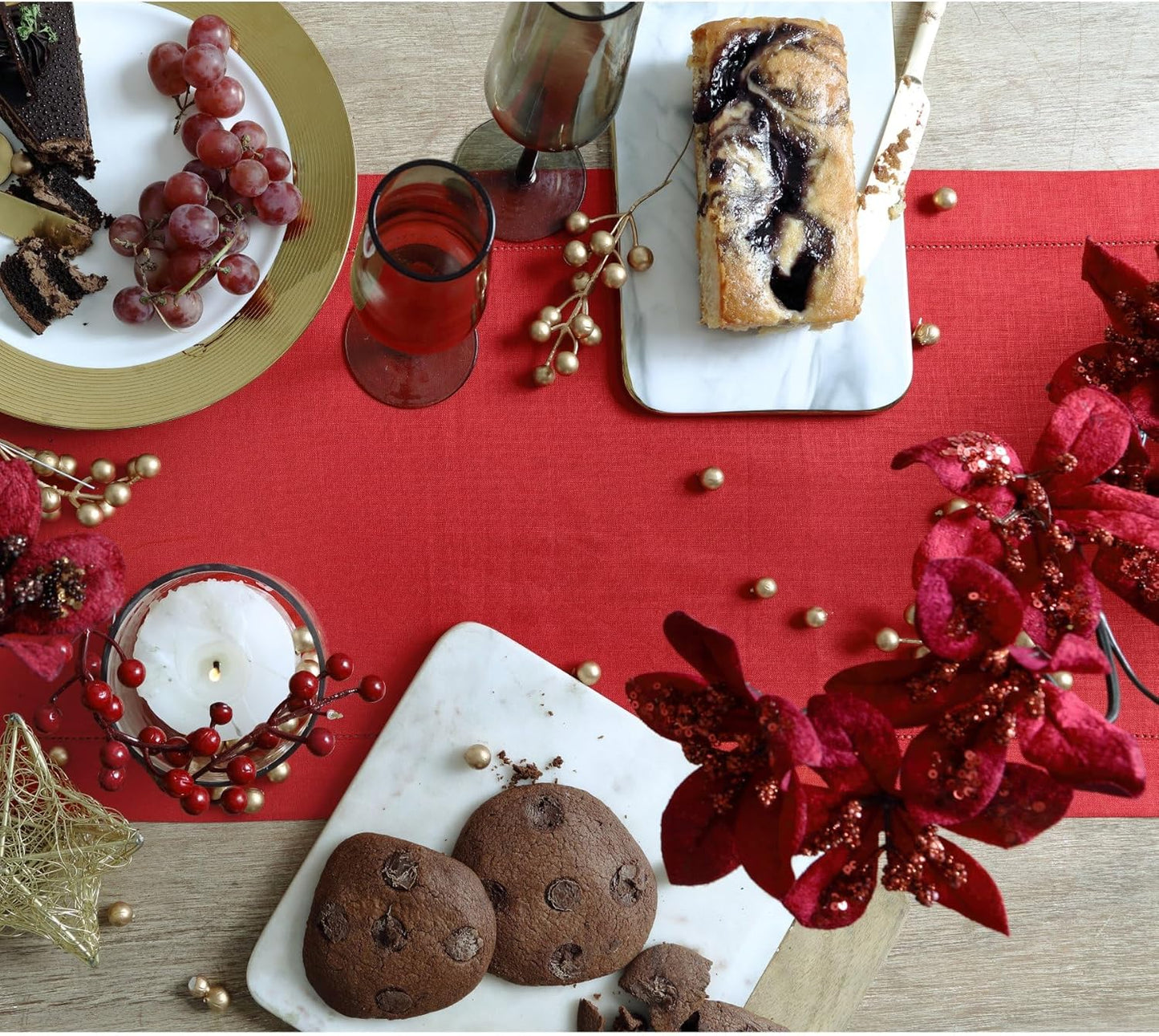 Solino Home Linen Red Table Runner 108 Inches Long - 100% Pure Linen 14 x 108 Inch Table Runner for Christmas, Holiday - Classic Hemstitch