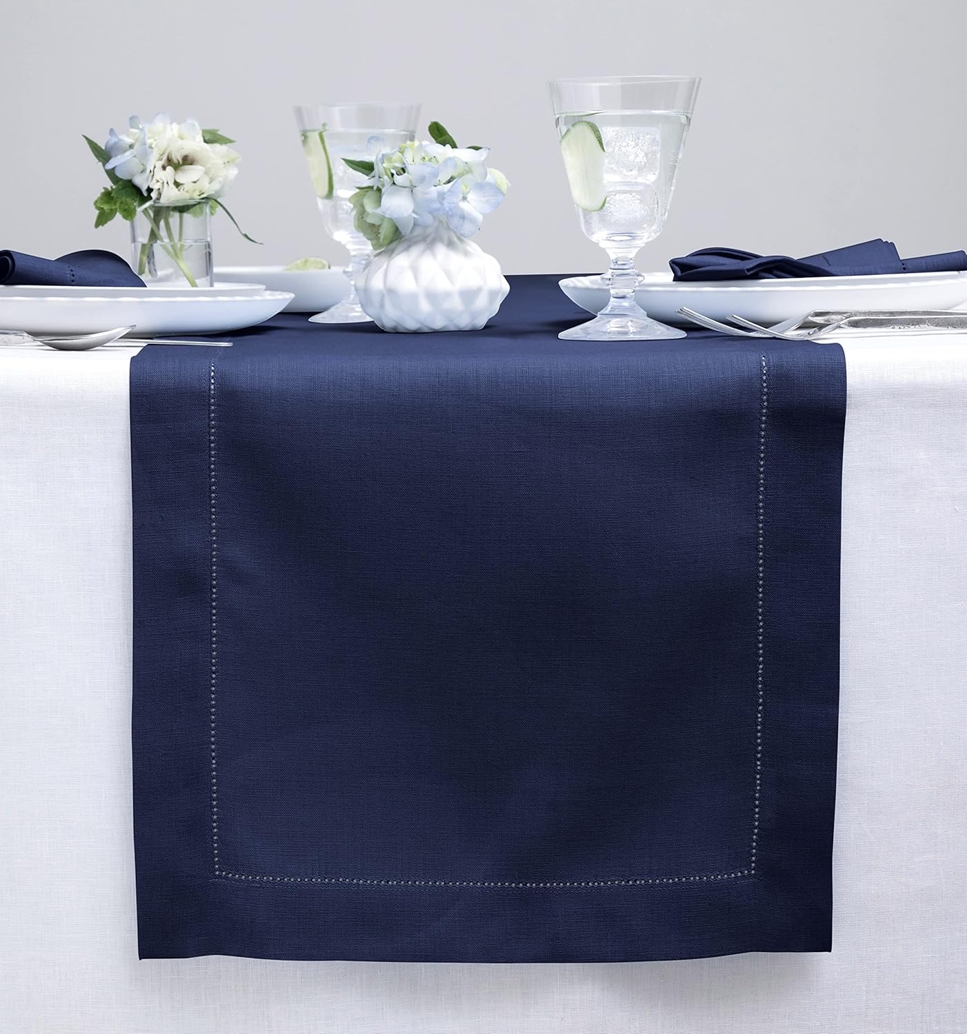 Solino Home Linen Navy Blue Table Runner 120 Inches Long - 100% Pure Linen Hemstitch 14 x 120 Inch Table Runner for Dining, Fall, Autumn, Thanksgiving, Christmas - Classic Hemstitch