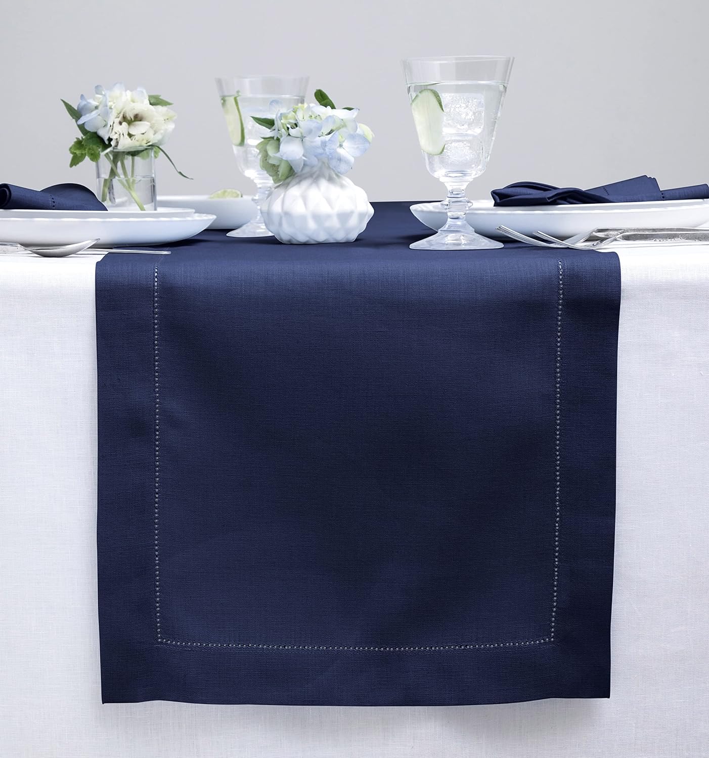 Solino Home Linen Navy Blue Table Runner 108 Inches Long - 100% Pure Linen 14 x 108 Inch Table Runner for Fall, Autumn, Thanksgiving, Christmas - Classic Hemstitch