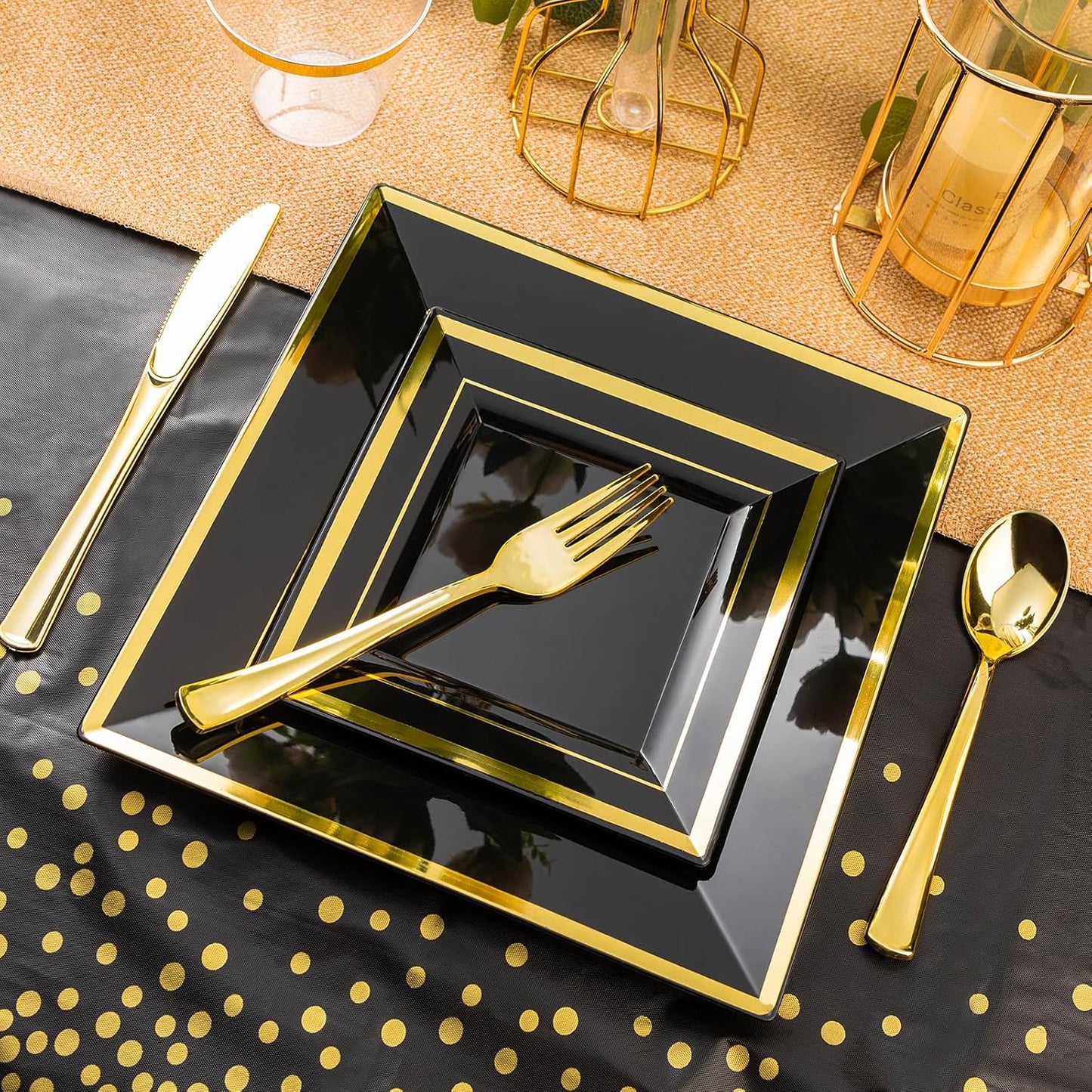 Goodluck 352 Piece Black Dinnerware Set for 50 Guests, Black Square Plastic Plates with Gold Trim, Include: 100 Plastic Plates, 50 Rolled Napkins, 50 Cups, 50 Cutlery Set and 2 Tablecloth
